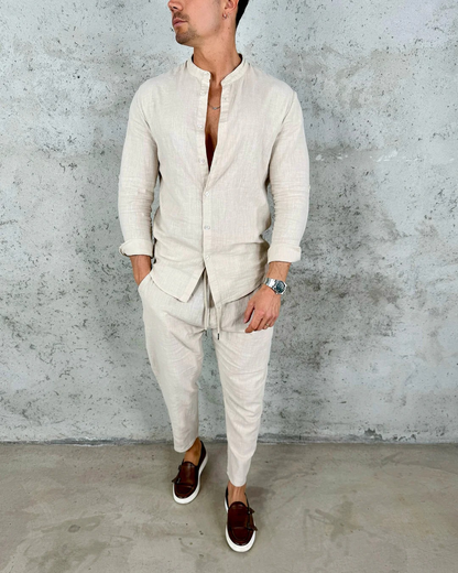 Conjunto de linho para homem com camisa de gola mao e calças jogger