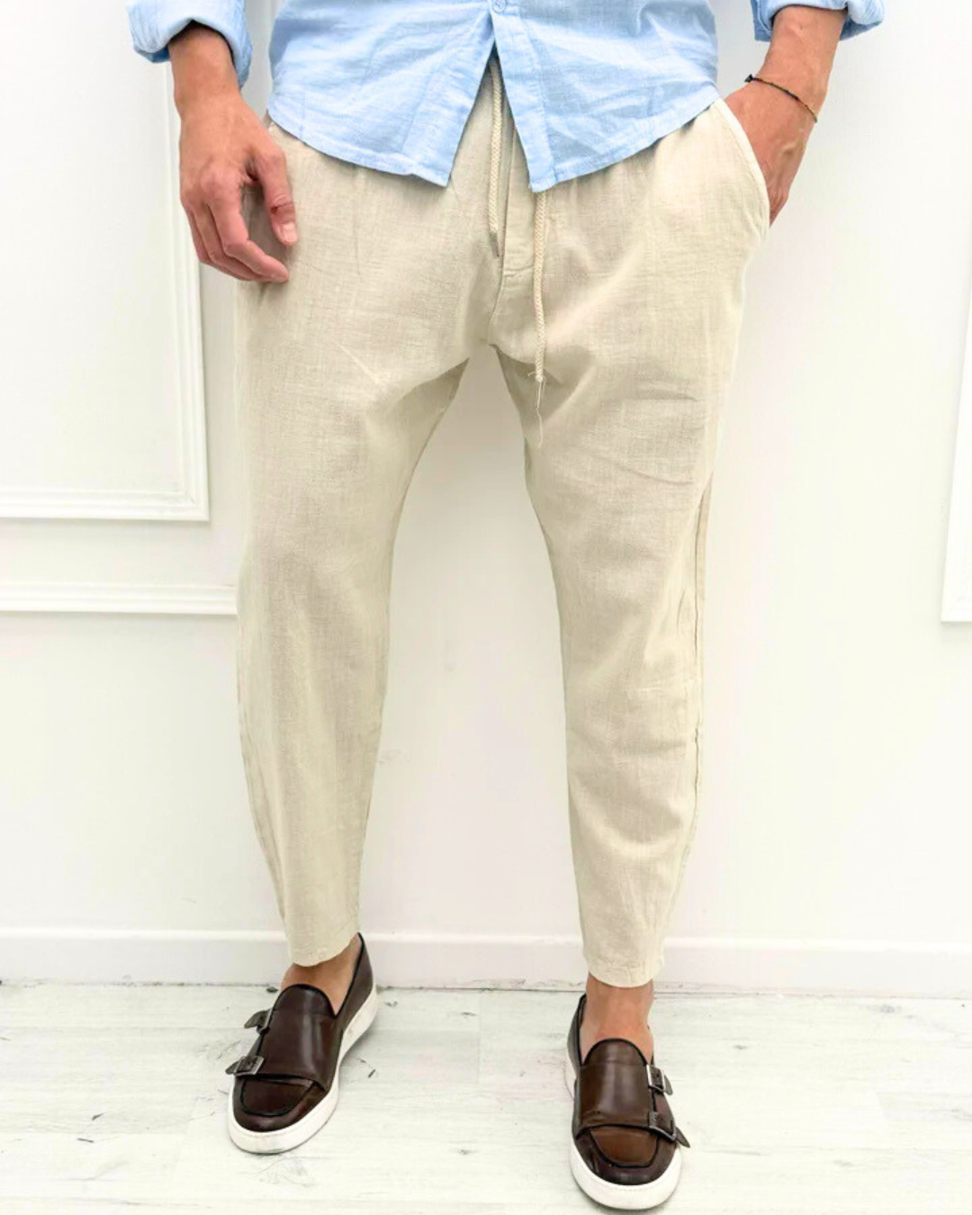 Conjunto de linho para homem com camisa de gola mao e calças jogger