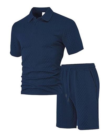 Conjunto de polo e calções em tecido respirável com textura para homem