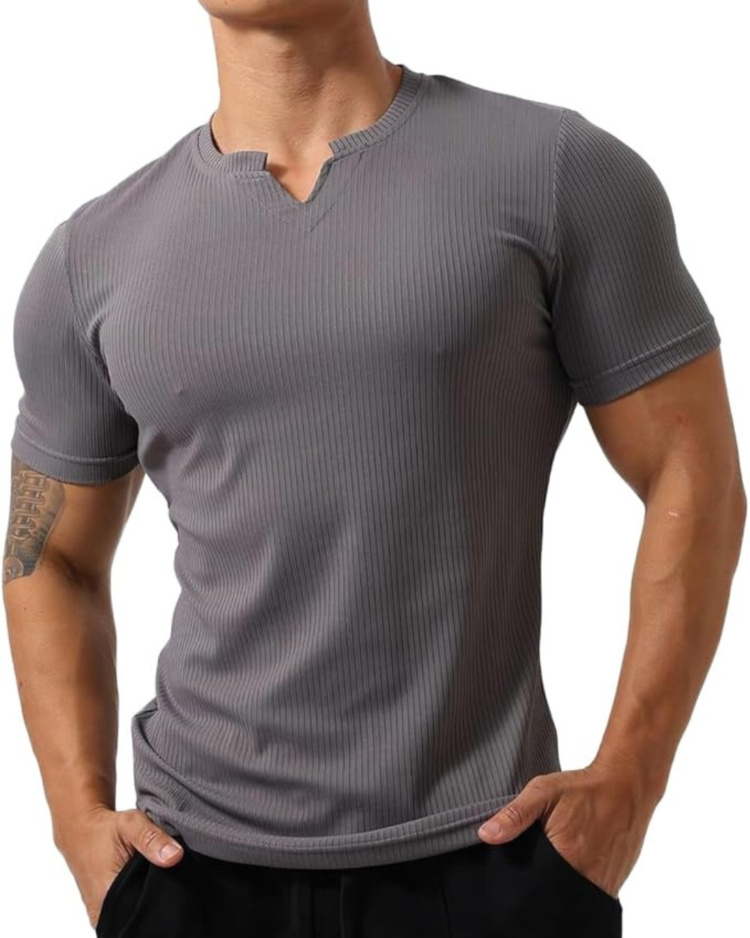 Camisola desportiva de manga curta, folgada, em algodão com decote em V, para homem
