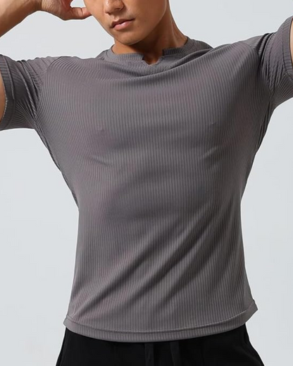 Camisola desportiva de manga curta, folgada, em algodão com decote em V, para homem