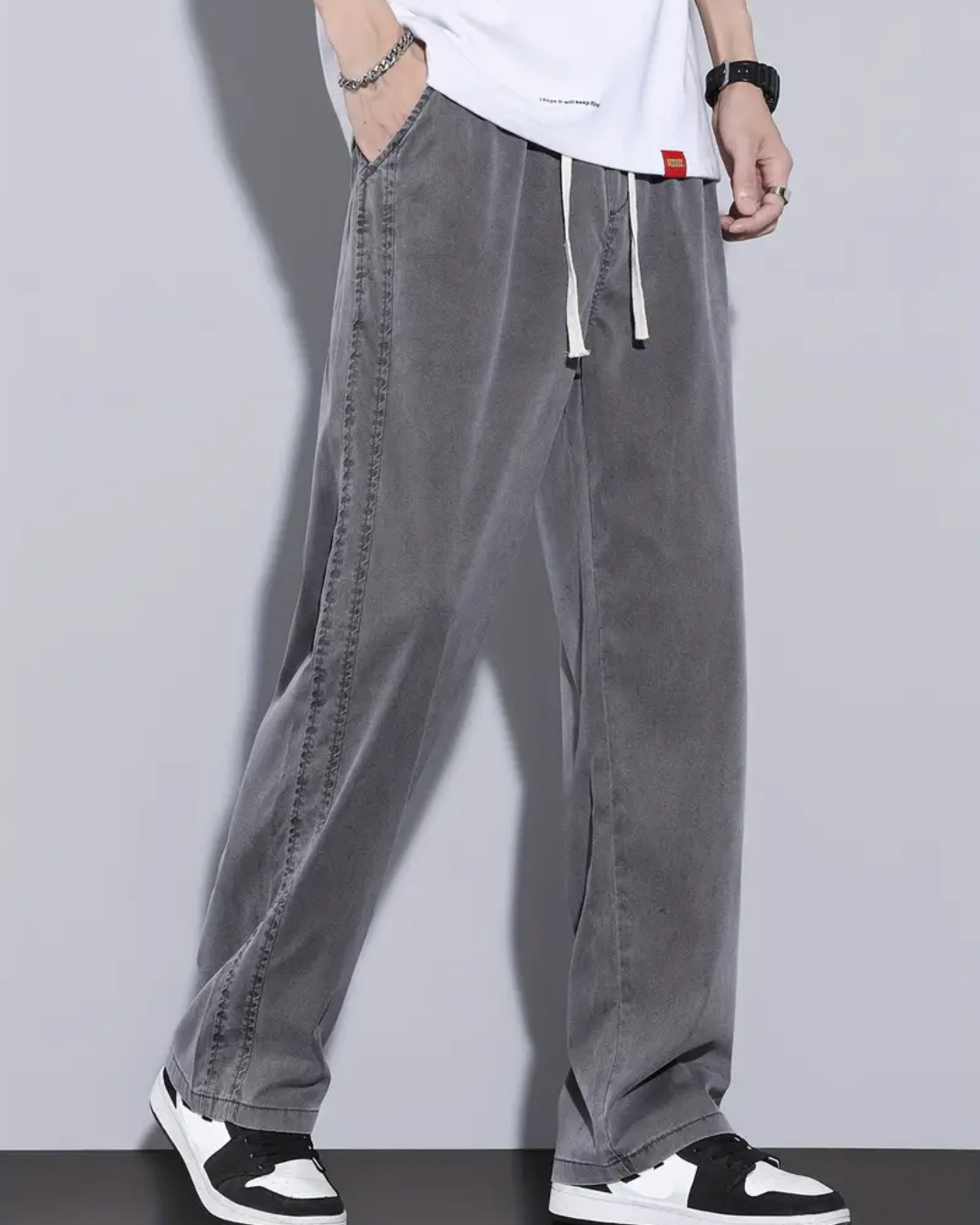 Calças casuais leves de perna larga para homem