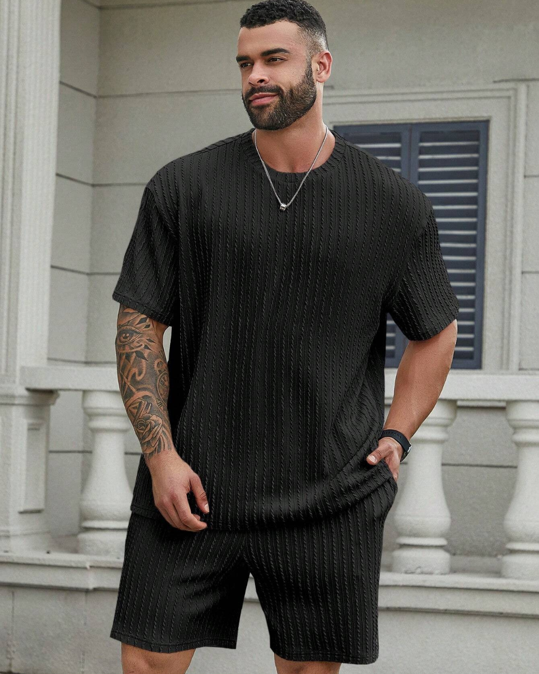 Conjunto casual de camisola de manga curta e calções para homem