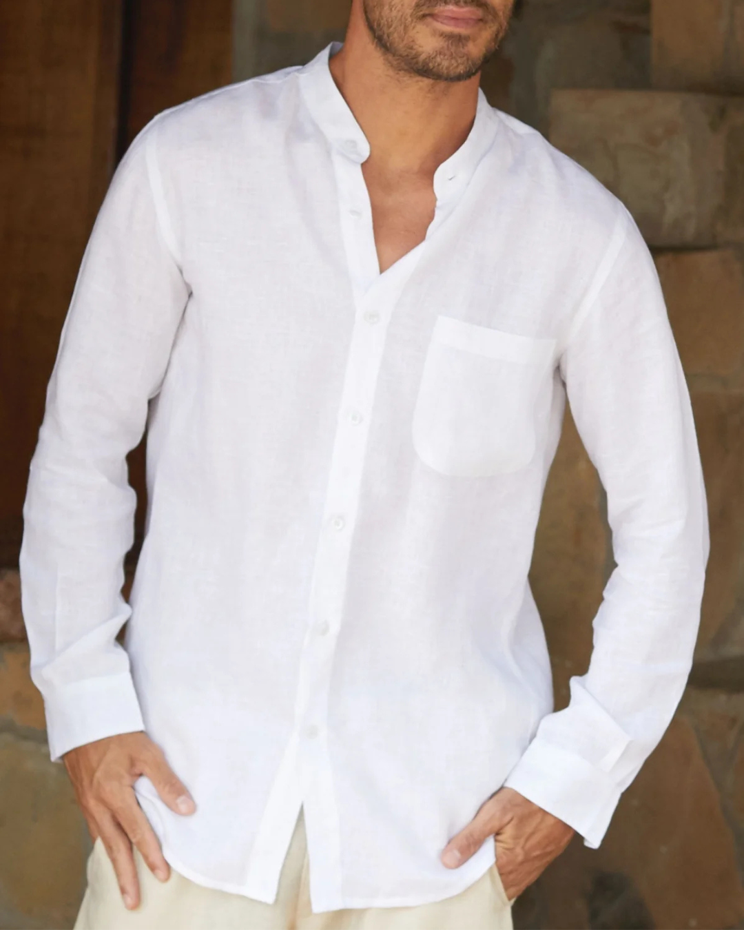 Camisa de linho com colarinho Nehru para homem