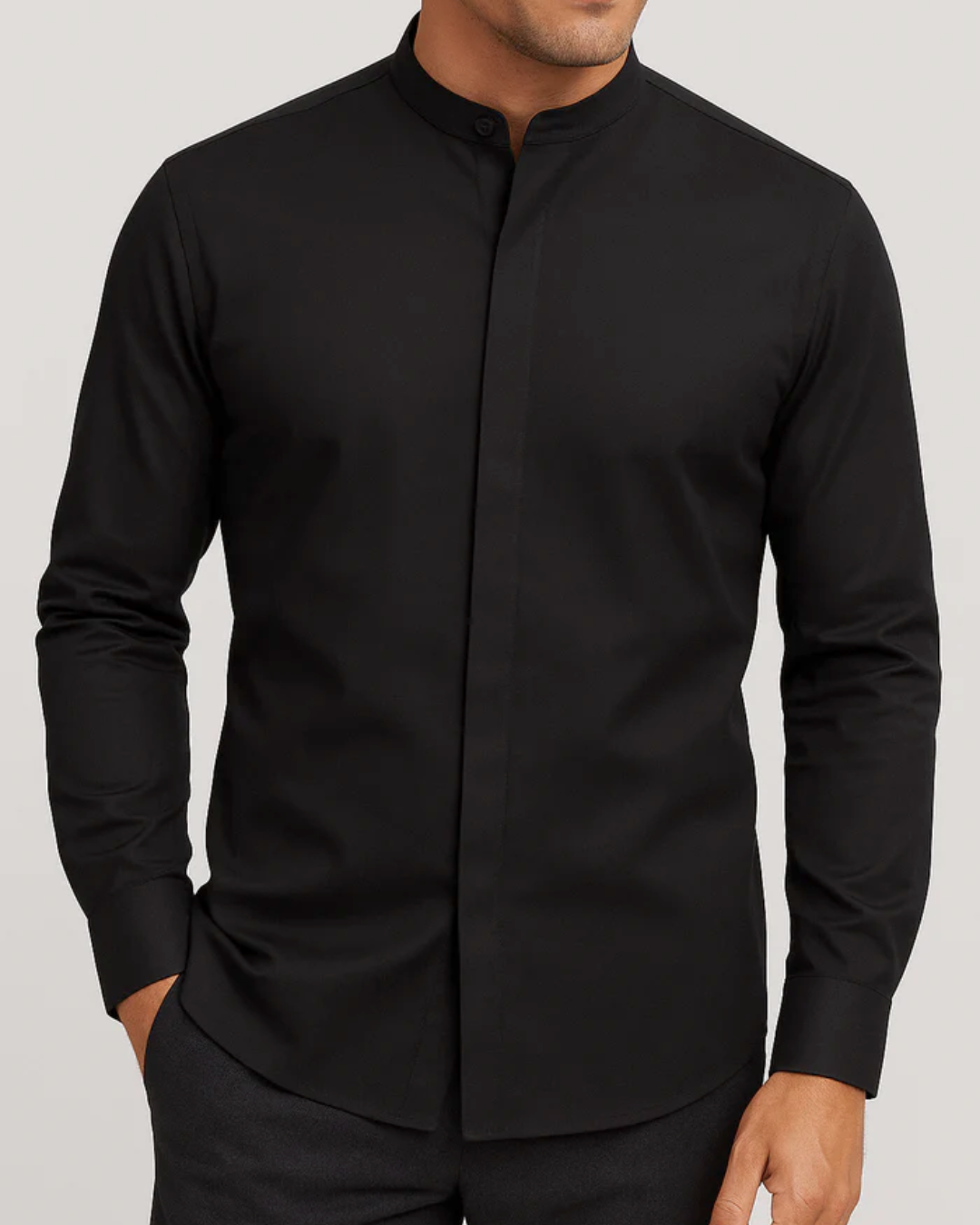 Camisa de manga comprida com gola mao e fecho oculto para homem