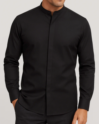Camisa de manga comprida com gola mao e fecho oculto para homem