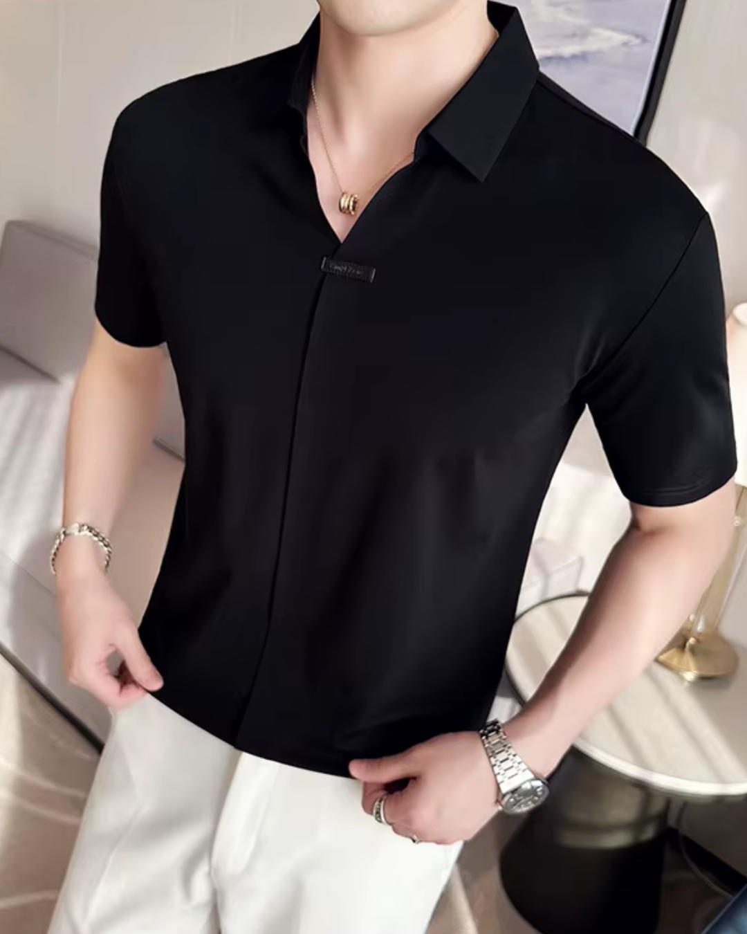 Pólo para Homem com Elevada Elasticidade, Leve, Macio e Resistente aos Vincos em Cor Sólida