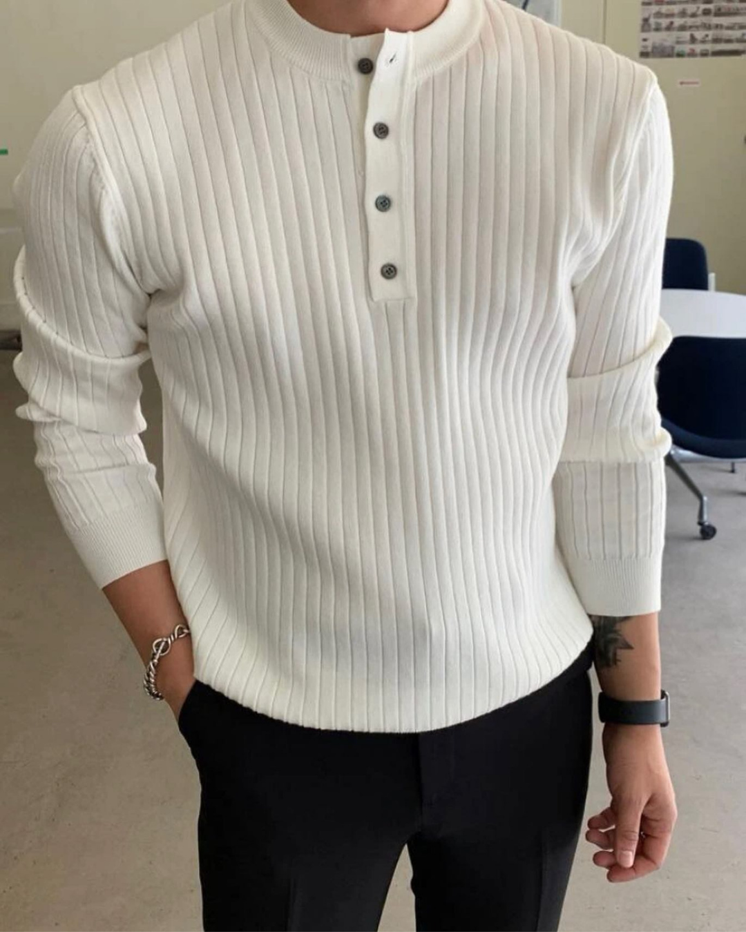 Camisola de malha para homem, manga comprida e gola redonda