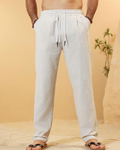 Calças de Linho de Cintura Elástica de Ajuste Descontraído para Homem