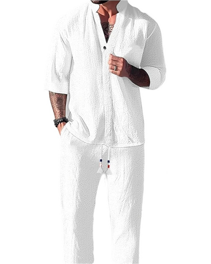 Conjunto de duas peças em linho e algodão com mangas curtas