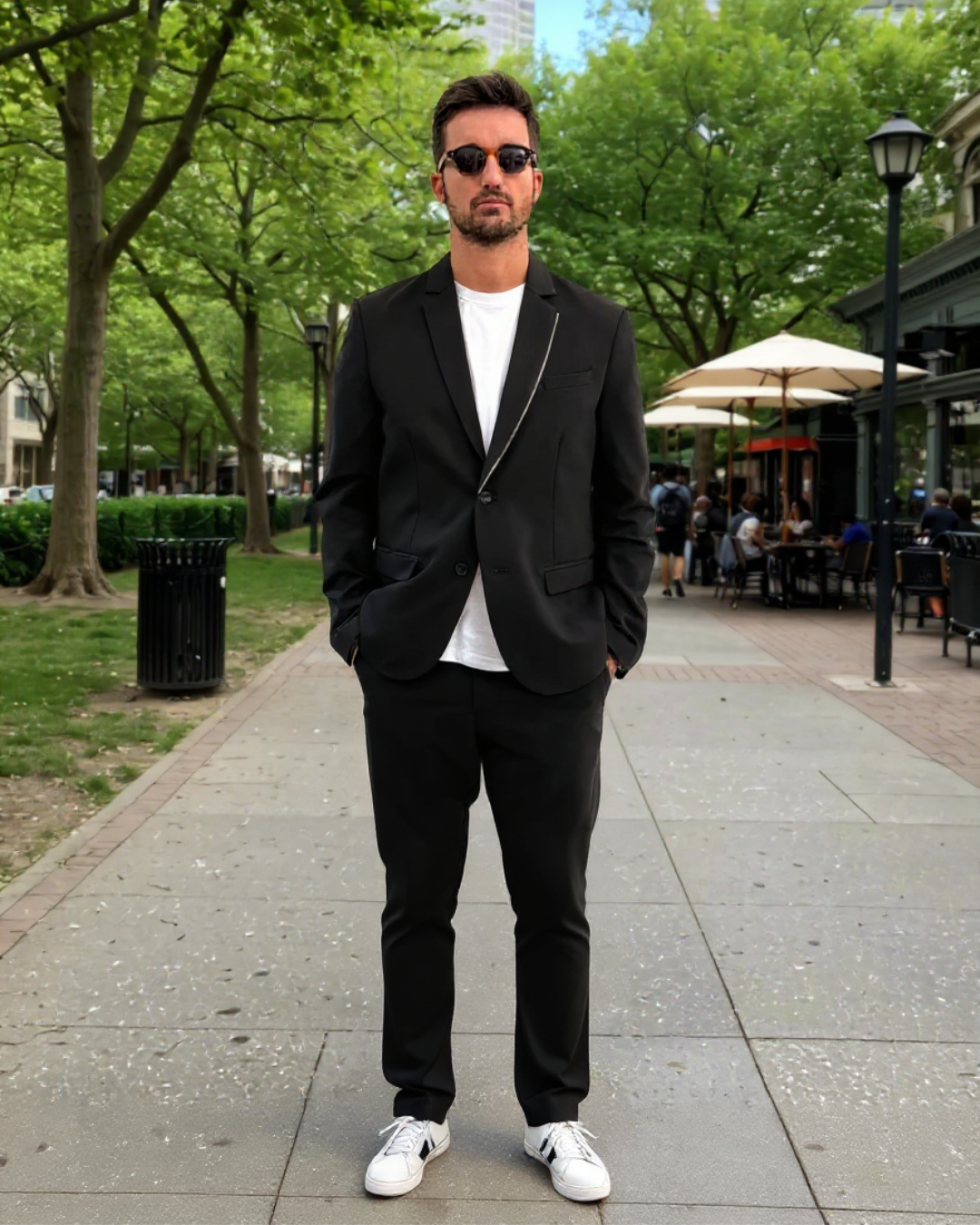 Conjunto elegante de duas peças com casaco e calças para homem