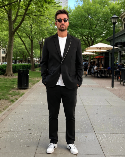 Conjunto elegante de duas peças com casaco e calças para homem