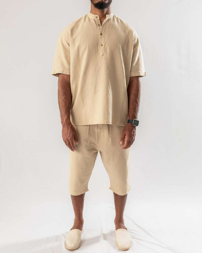 Conjunto de camisa de linho e bermudas para homem