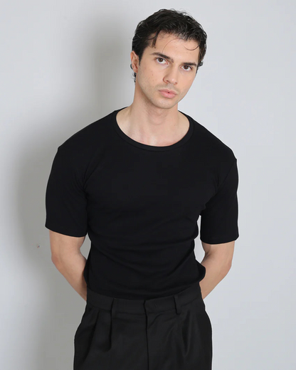 Camiseta Decote Canoa em Canelado, Manga Média