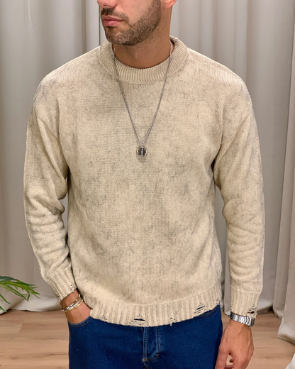 Camisola de malha com acabamento rasgado e estilo moderno para homem