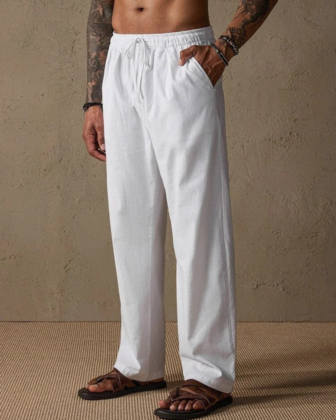 Calças de linho de corte reto para homem com cintura ajustável