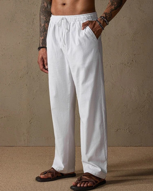 Calças de linho de corte reto para homem com cintura ajustável