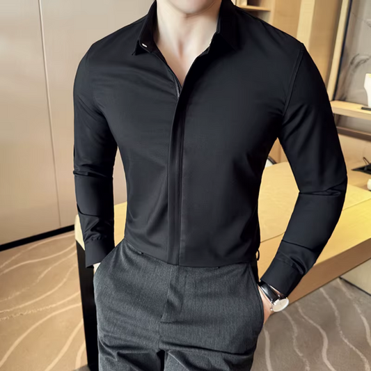 Camisa de Lapela Casual de Cor Lisa para Homem com Fecho de Correr
