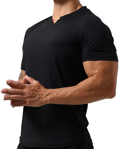 Camisola desportiva de manga curta, folgada, em algodão com decote em V, para homem