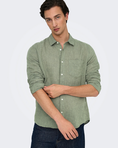 Camisa de manga comprida em tecido de linho para homem