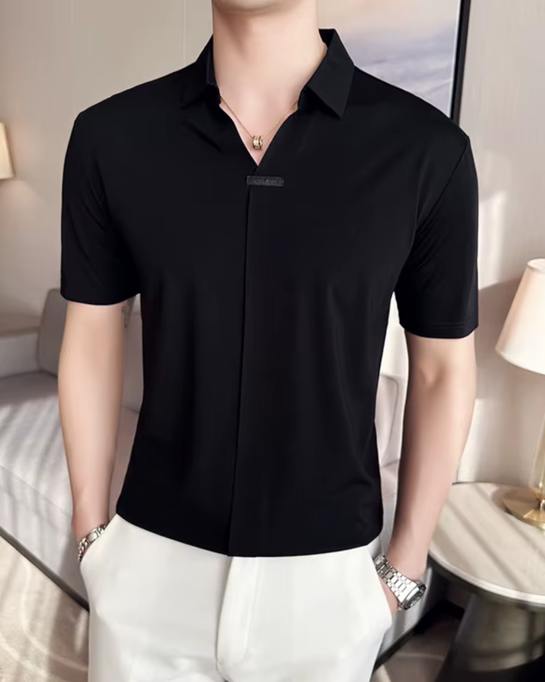Pólo para Homem com Elevada Elasticidade, Leve, Macio e Resistente aos Vincos em Cor Sólida