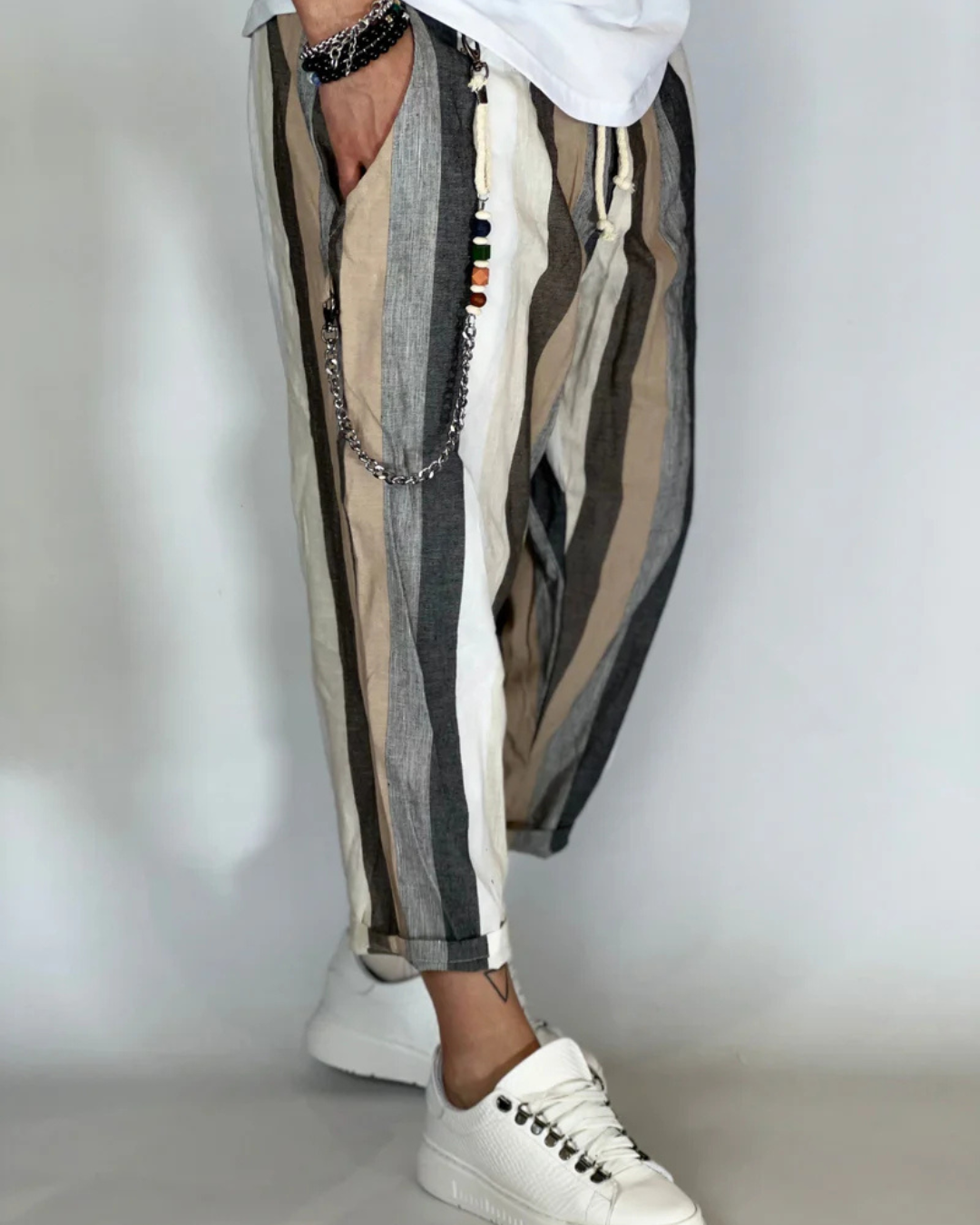 Calças às Riscas com Efeito Linho para Homem