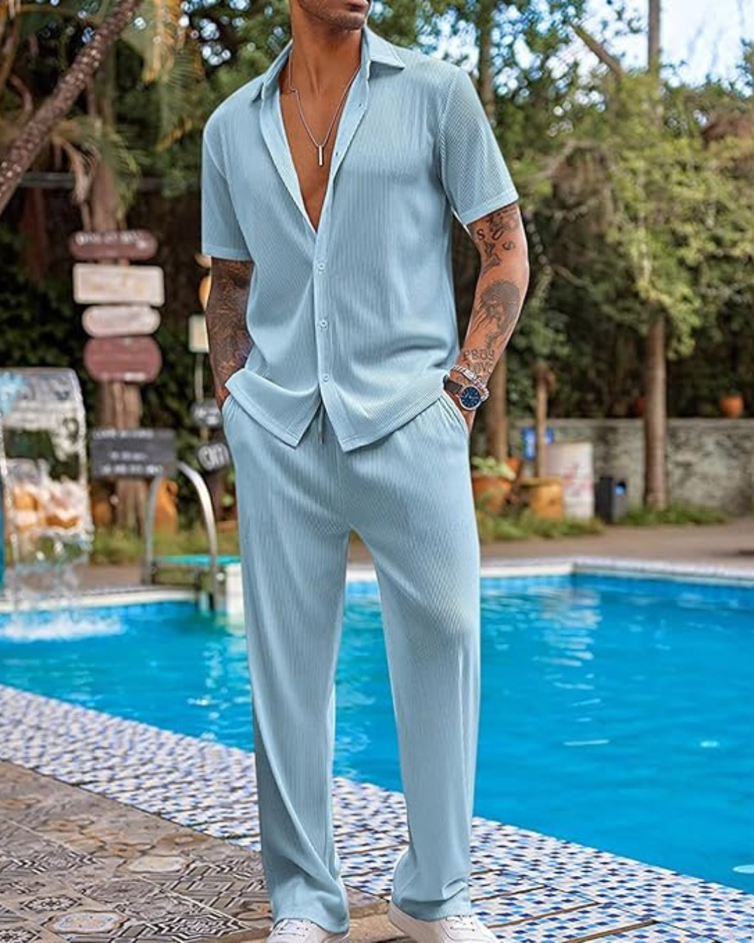 Conjunto casual de camisa de manga curta e calças para homem