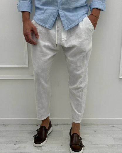 Conjunto de linho para homem com camisa de gola mao e calças jogger