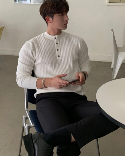 Camisola de malha para homem, manga comprida e gola redonda