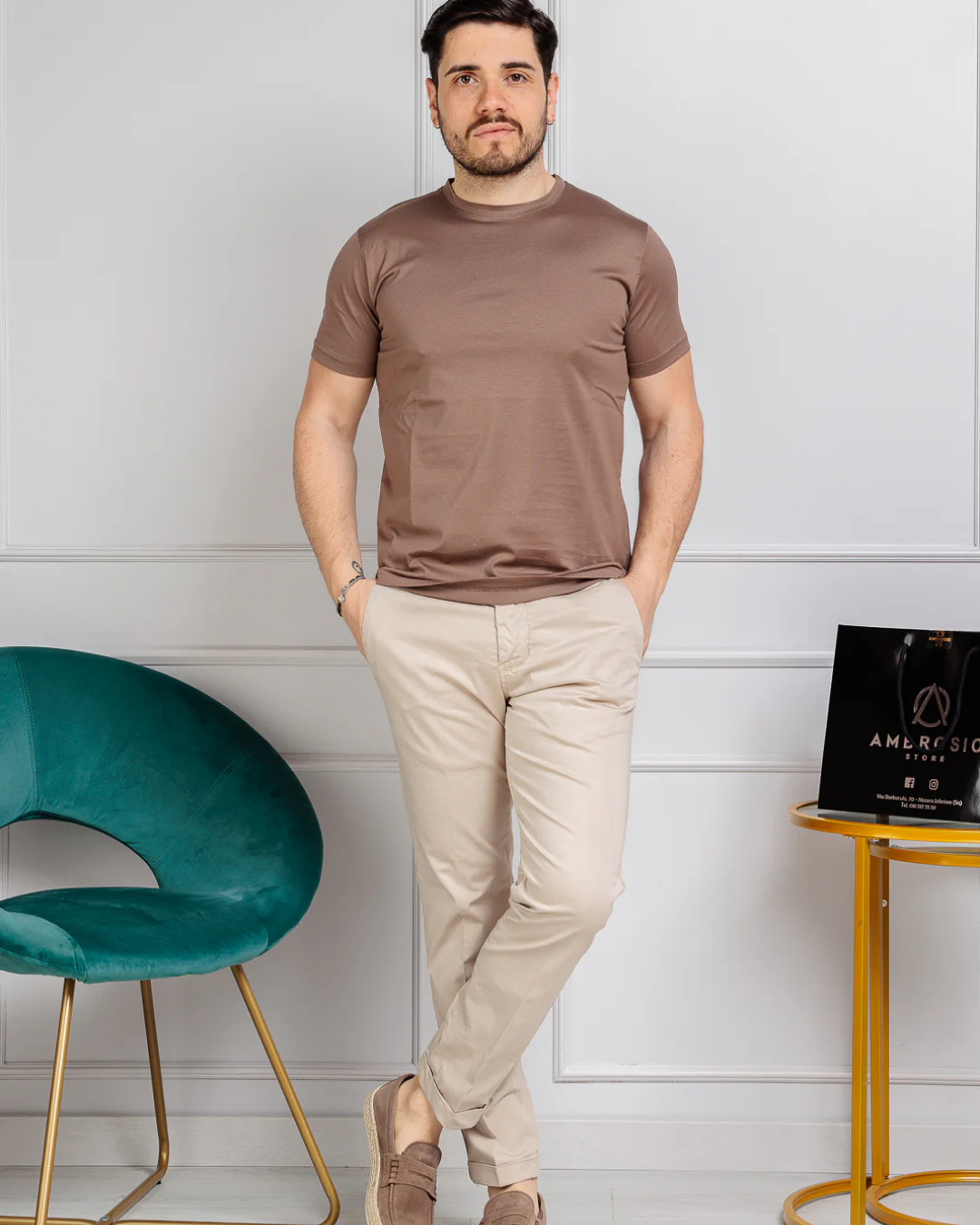 Camisola de Manga Curta de Corte Fino e Elástico de Cor Lisa para Homem