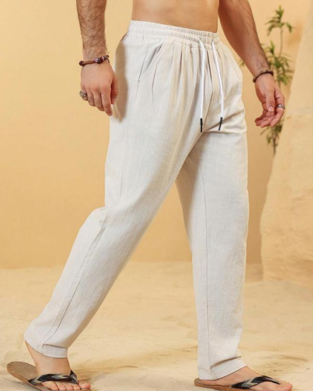 Calças de Linho de Cintura Elástica de Ajuste Descontraído para Homem