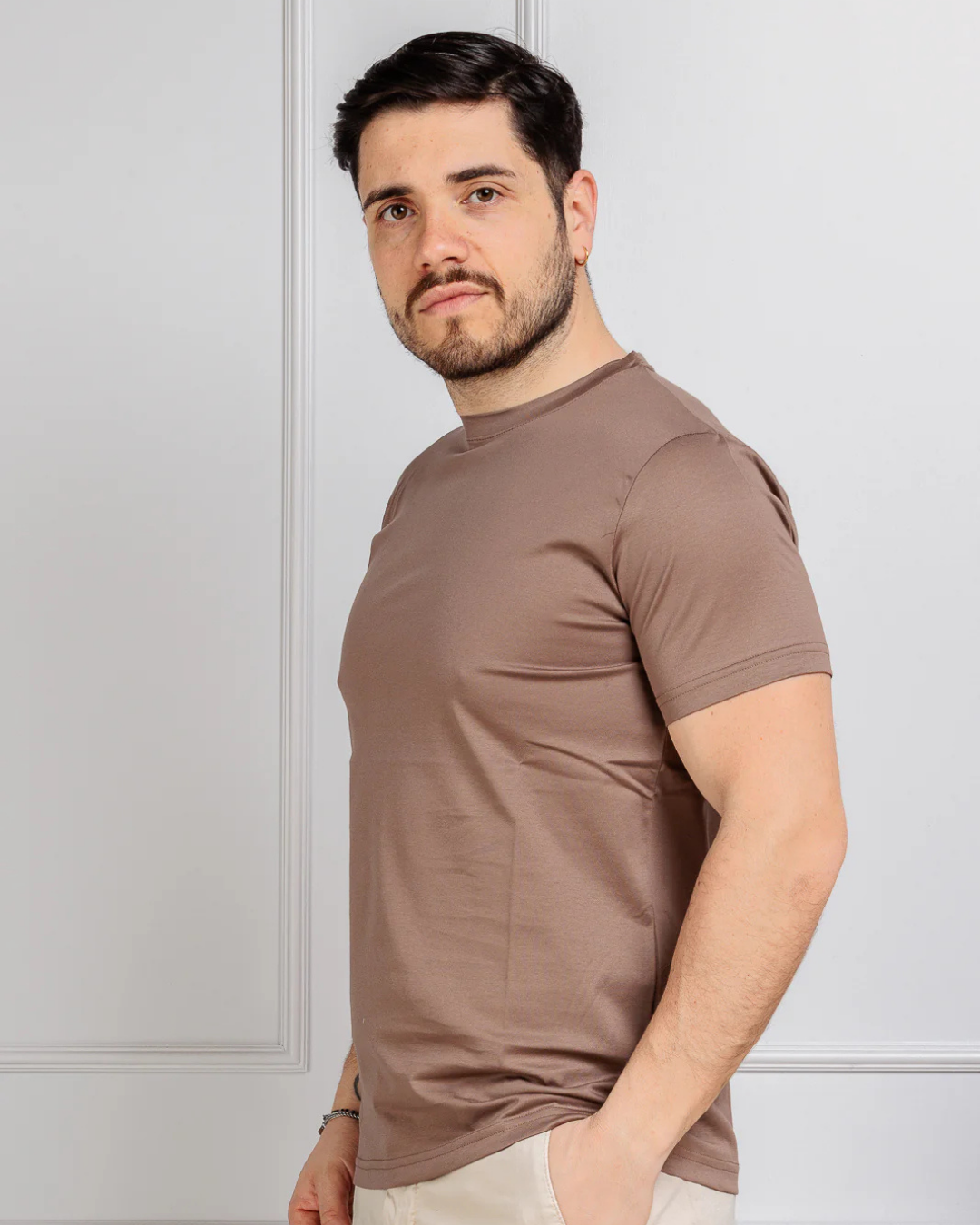 Camisola de Manga Curta de Corte Fino e Elástico de Cor Lisa para Homem