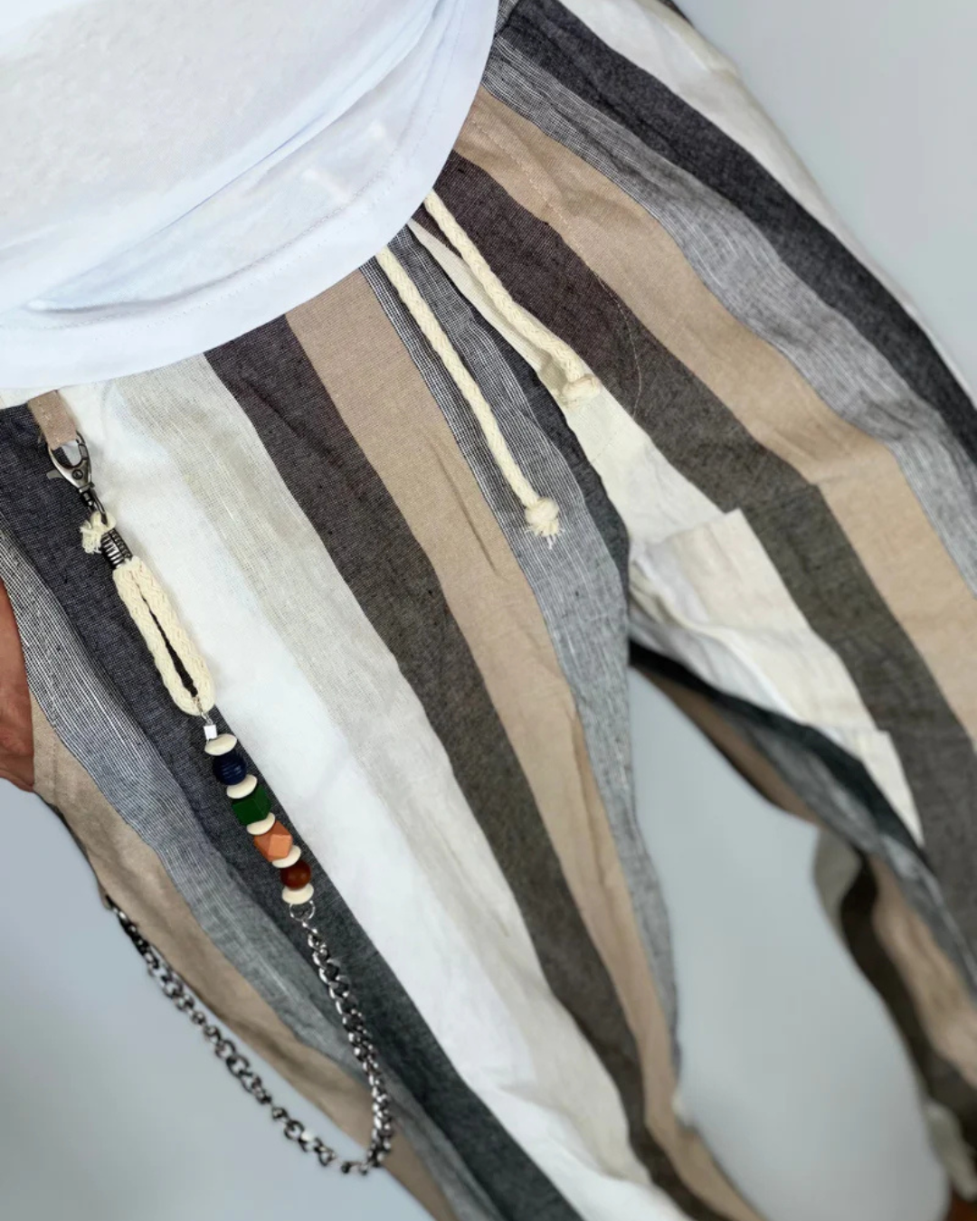 Calças às Riscas com Efeito Linho para Homem