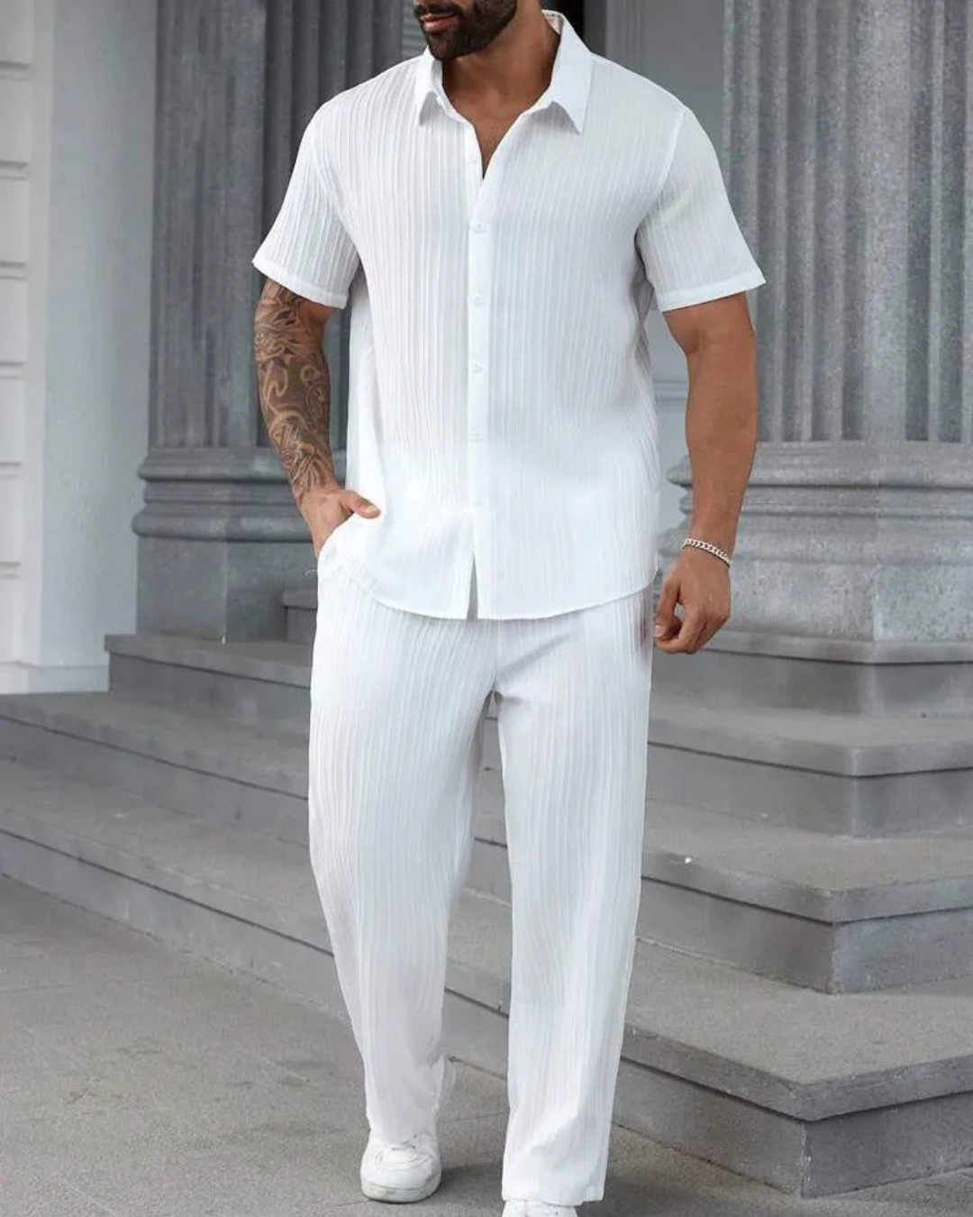 Conjunto de camisa casual e calças frescas para homem