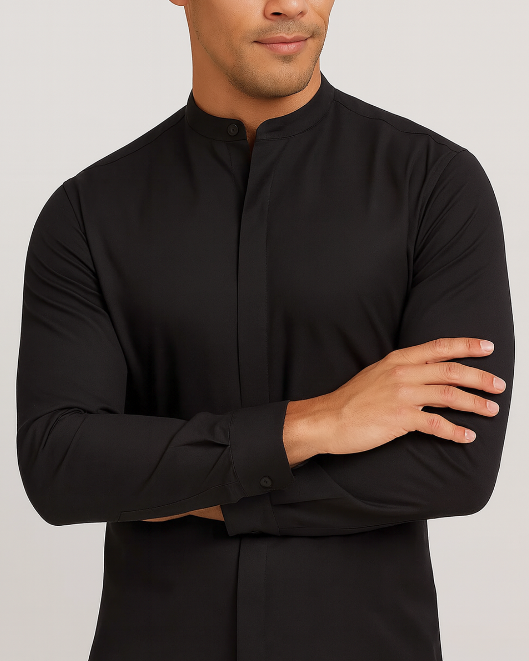 Camisa de manga comprida com gola mao e fecho oculto para homem