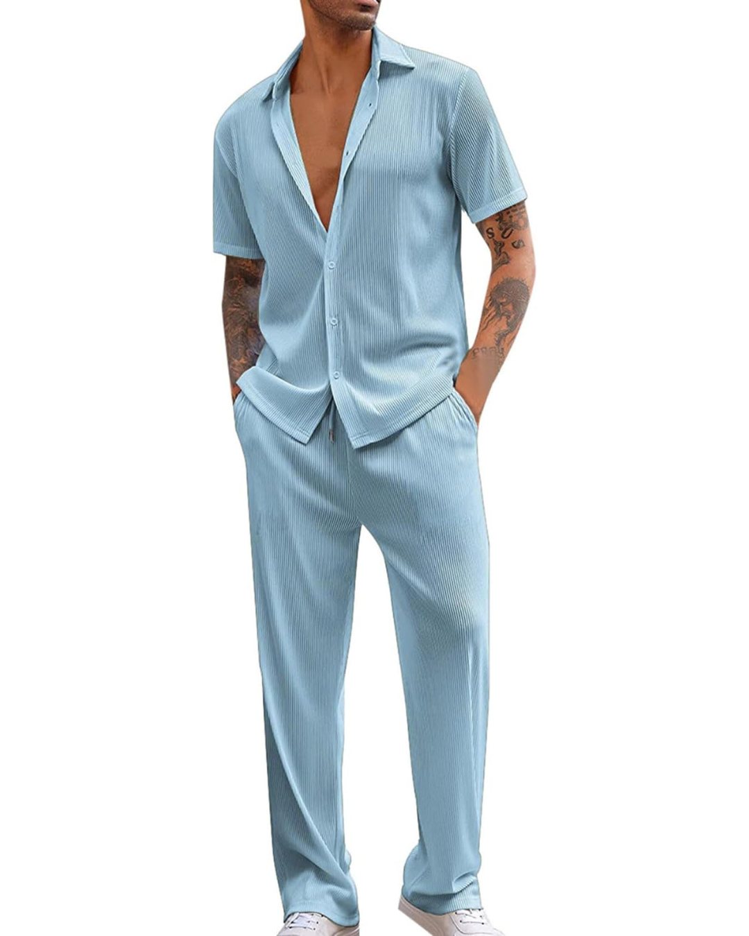 Conjunto casual de camisa de manga curta e calças para homem