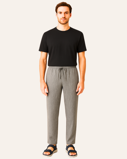 Calças de Tecido de Linho com Cintura Ajustável e Bolsos Confortáveis para Homem