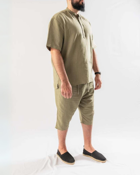 Conjunto de 2 peças em linho de camisa e bermudas para homem