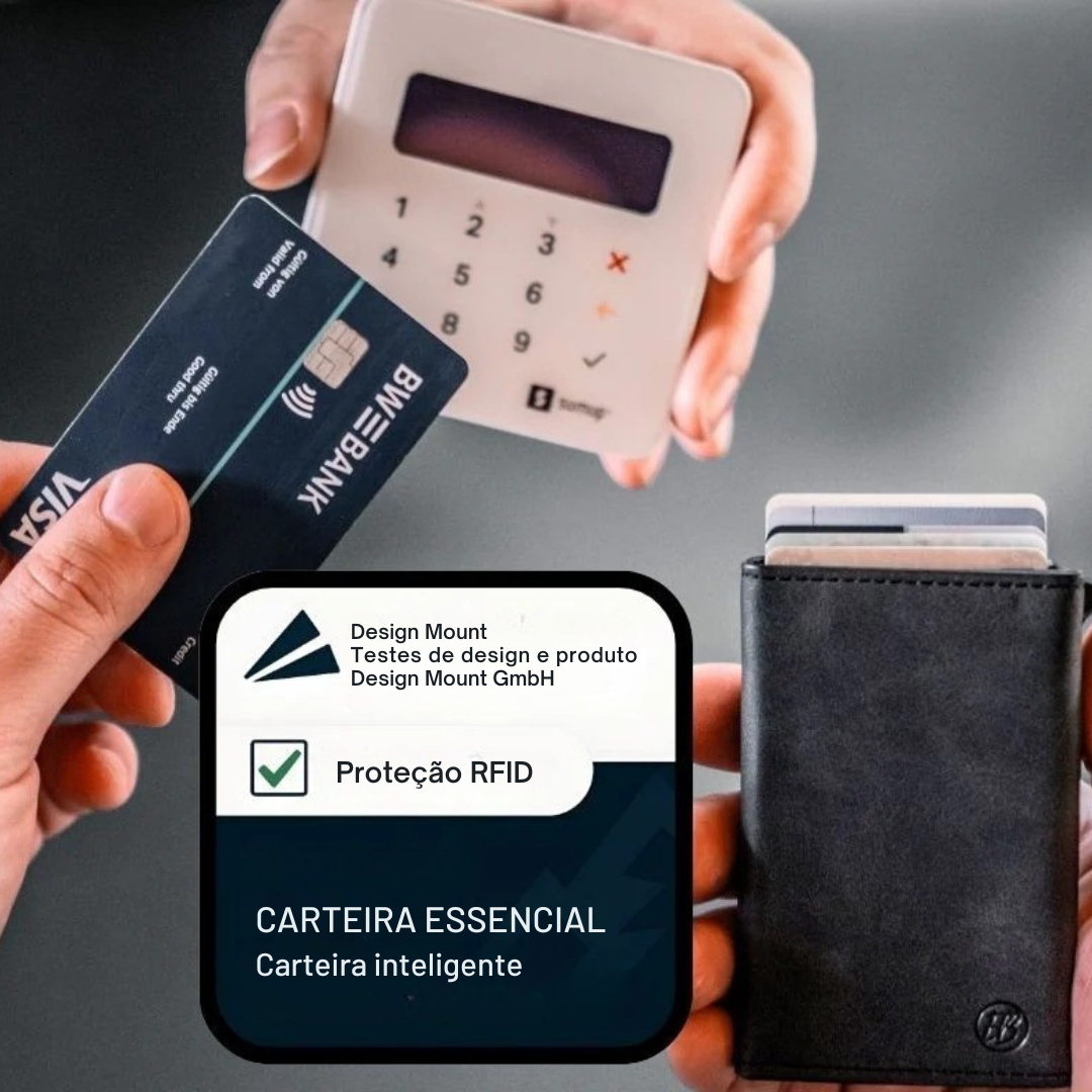 Carteira minimalista com proteção RFID e extração rápida de cartões