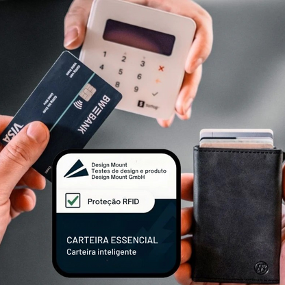 Carteira minimalista com proteção RFID e extração rápida de cartões