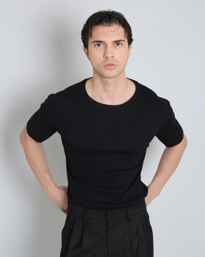 Camiseta Decote Canoa em Canelado, Manga Média