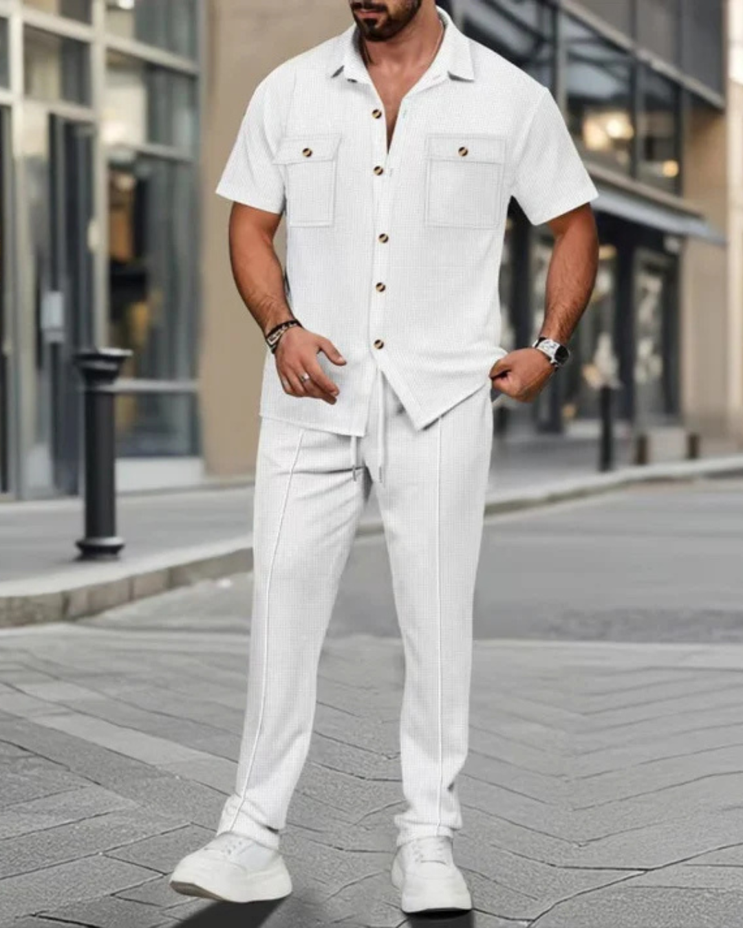 Conjunto casual de duas peças em algodão e linho