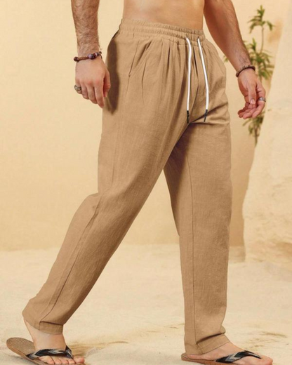 Calças de Linho de Cintura Elástica de Ajuste Descontraído para Homem