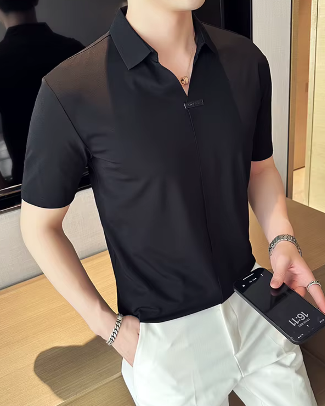 Pólo para Homem com Elevada Elasticidade, Leve, Macio e Resistente aos Vincos em Cor Sólida