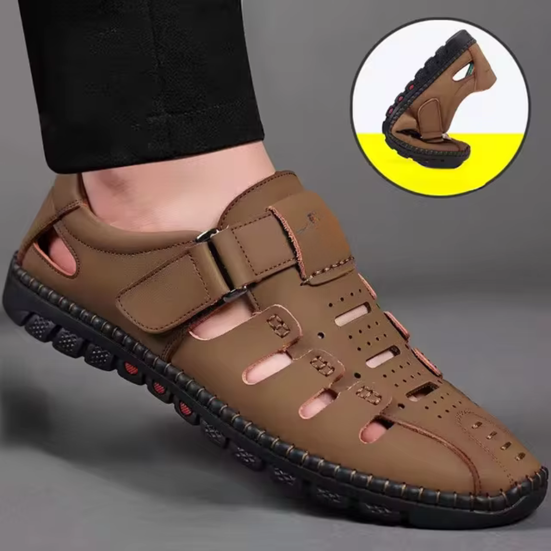 Sandálias de couro de biqueira fechada para homem com design de biqueira oca
