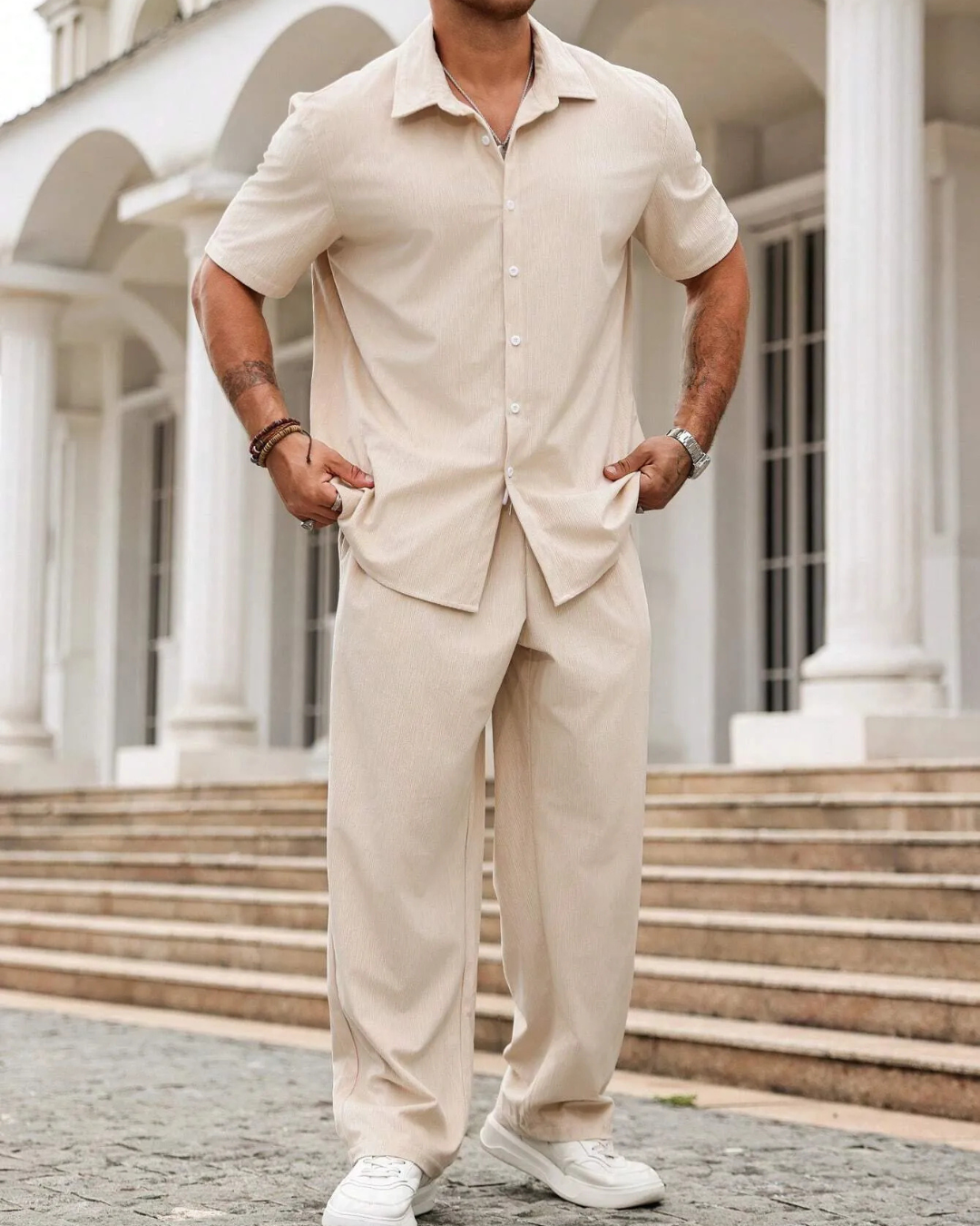 Conjunto casual de camisa de manga curta e calças para homem