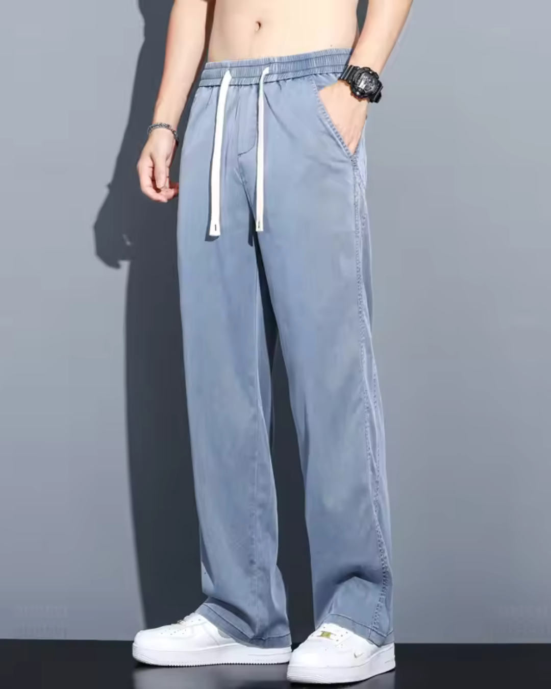 Calças casuais leves de perna larga para homem