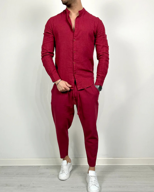 Conjunto de linho para homem com camisa de gola mao e calças jogger