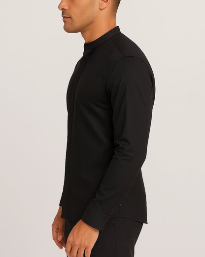 Camisa de manga comprida com gola mao e fecho oculto para homem