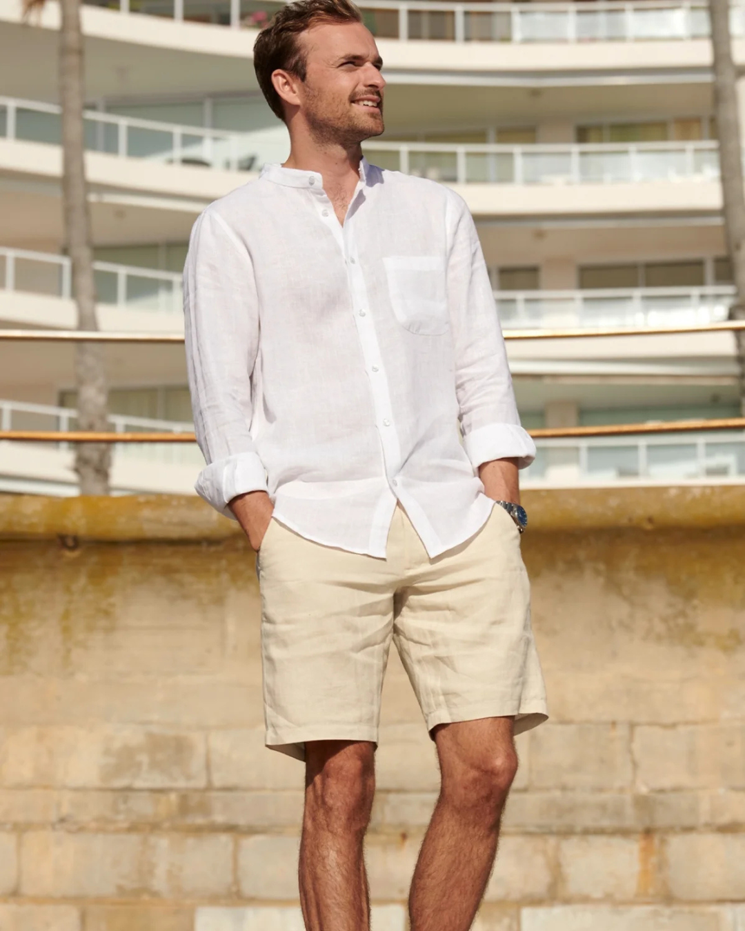 Camisa de linho com colarinho Nehru para homem